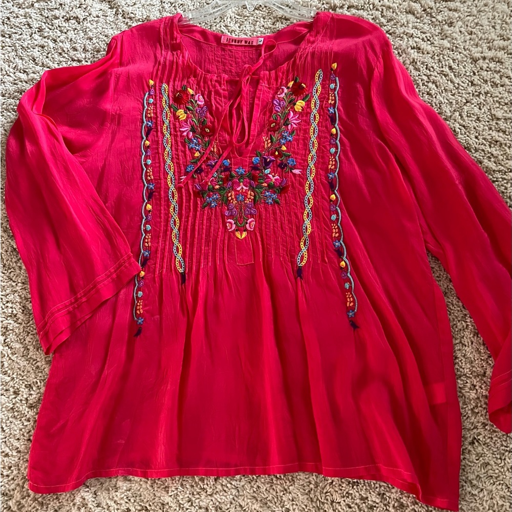 Johnny Was blouse with neckline tie, pink/coral color, large.